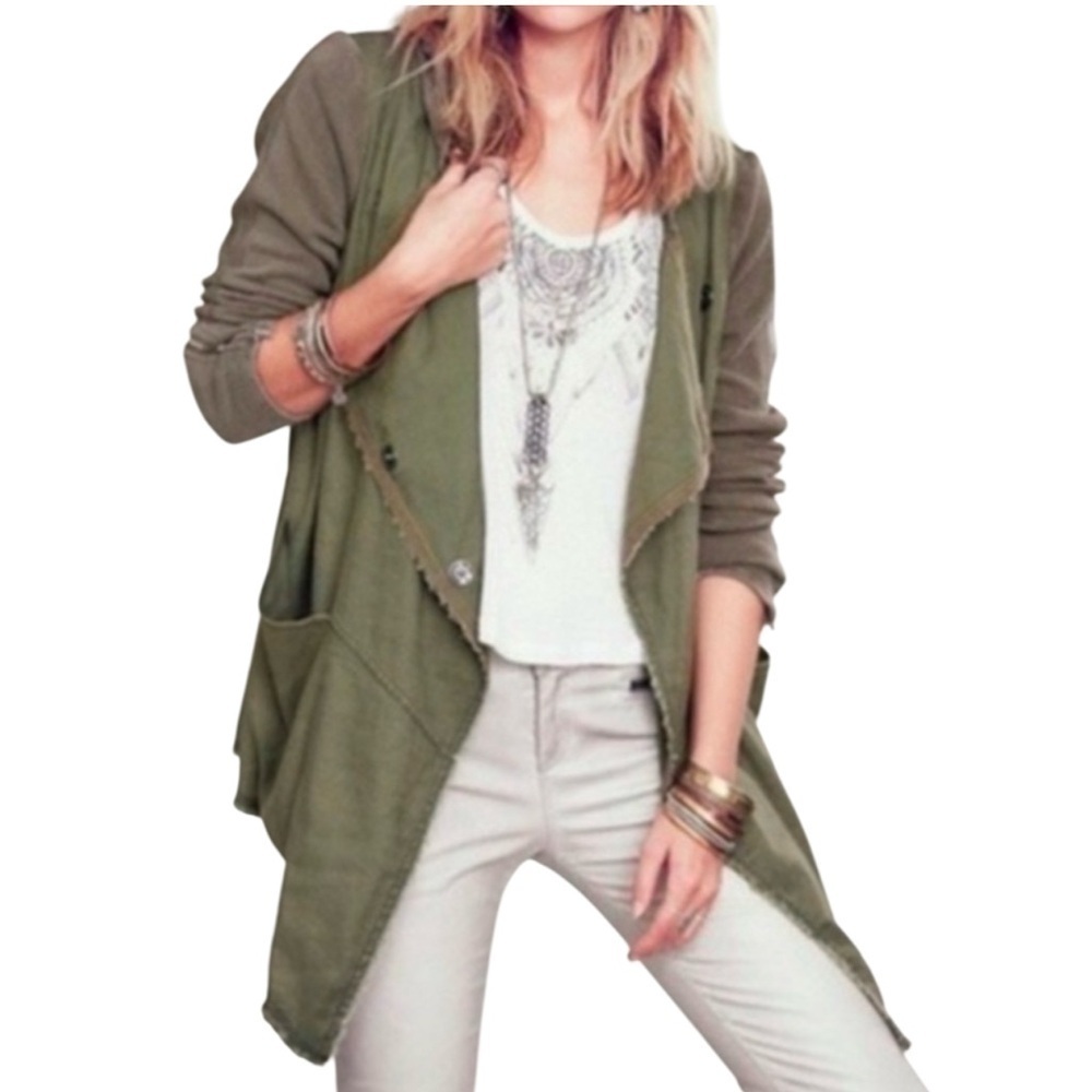 Free People Over Size Asymmetrical Olive Green Snap Hoodie Women Size Sm…